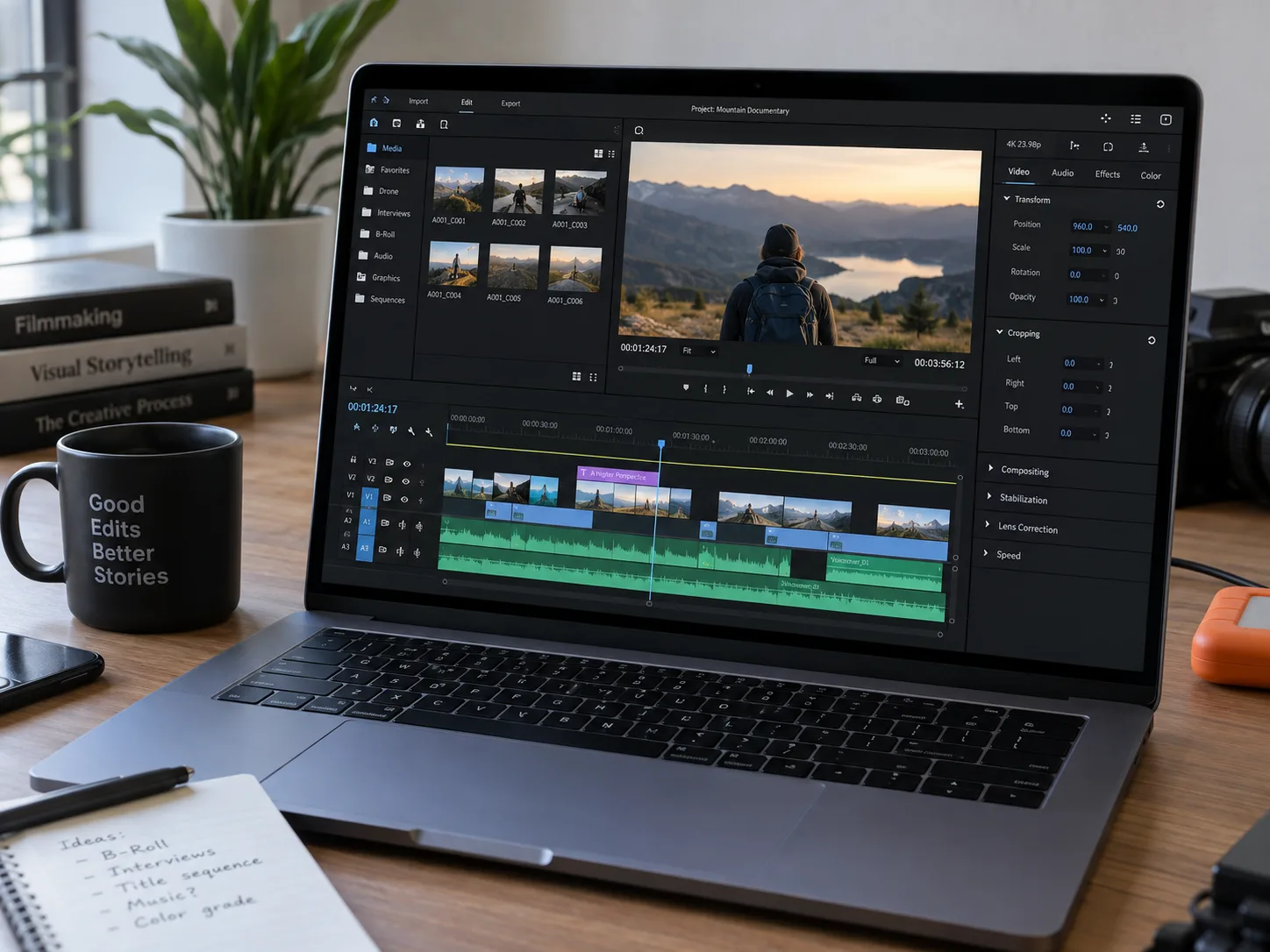 A laptop on a desk running a video editor, clip bin on the left and a multi-track timeline below the preview