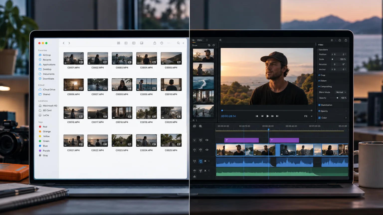 Two editing workspaces side by side, one showing a media browser of clips and the other a preview with a timeline