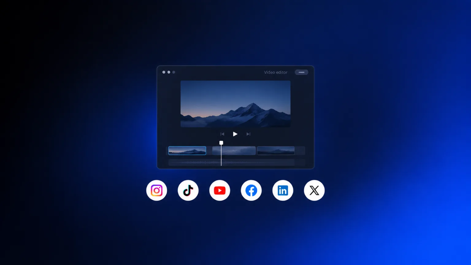 A video editor window above a row of social platform icons, on a deep blue gradient