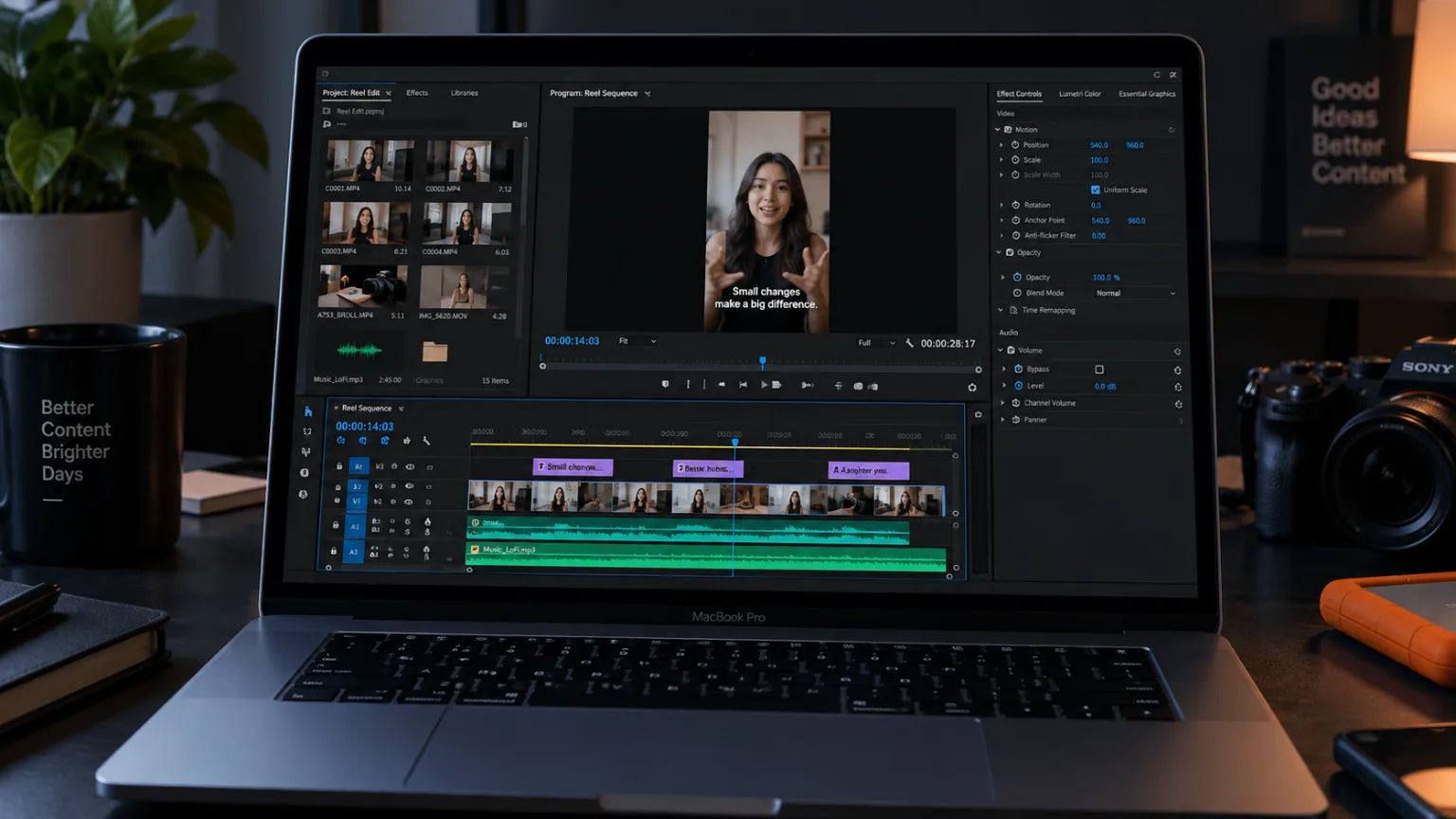 A laptop on a desk running a video editor, clip bin on the left and a timeline beneath the preview