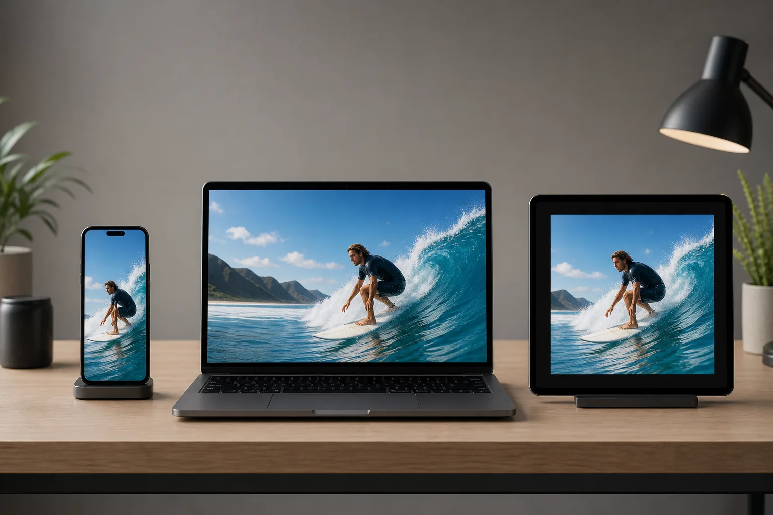 The same clip playing vertically on a phone, widescreen on a laptop, and square on a tablet