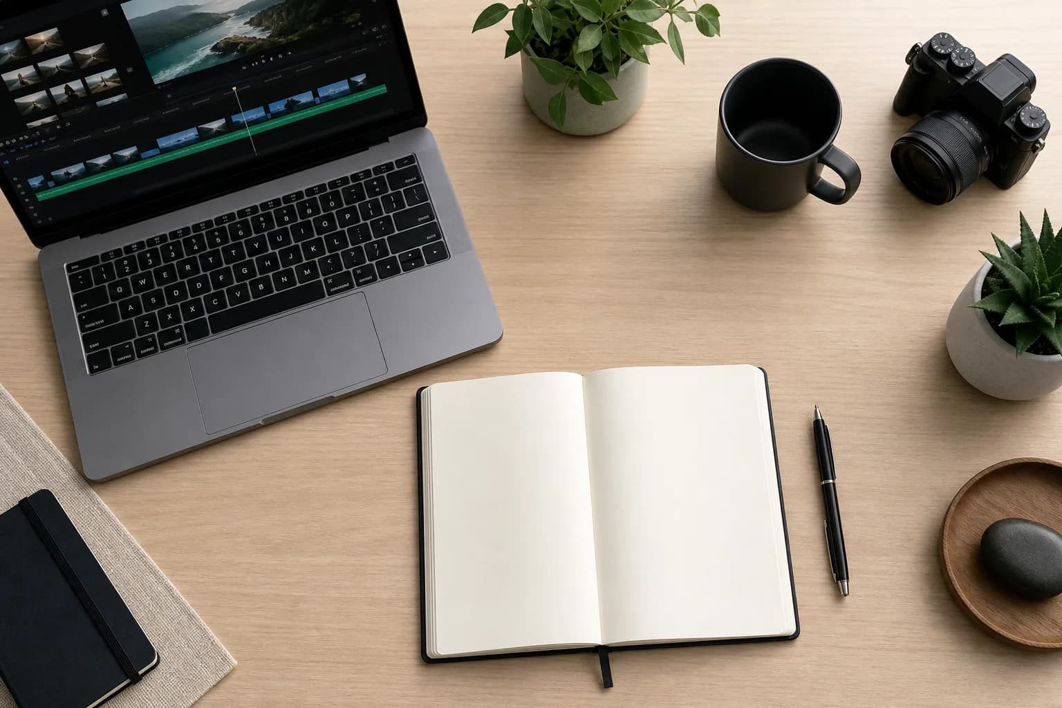 An open notebook and pen on a desk beside a laptop showing a video timeline