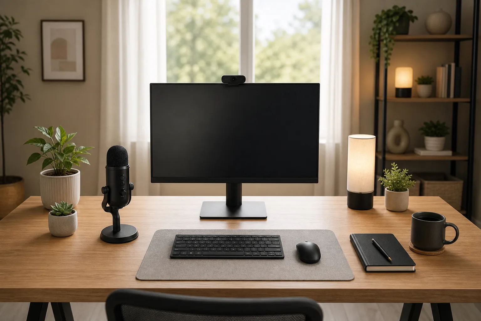 A home office desk with a webcam mounted at eye level, a USB microphone on a stand, and soft window light