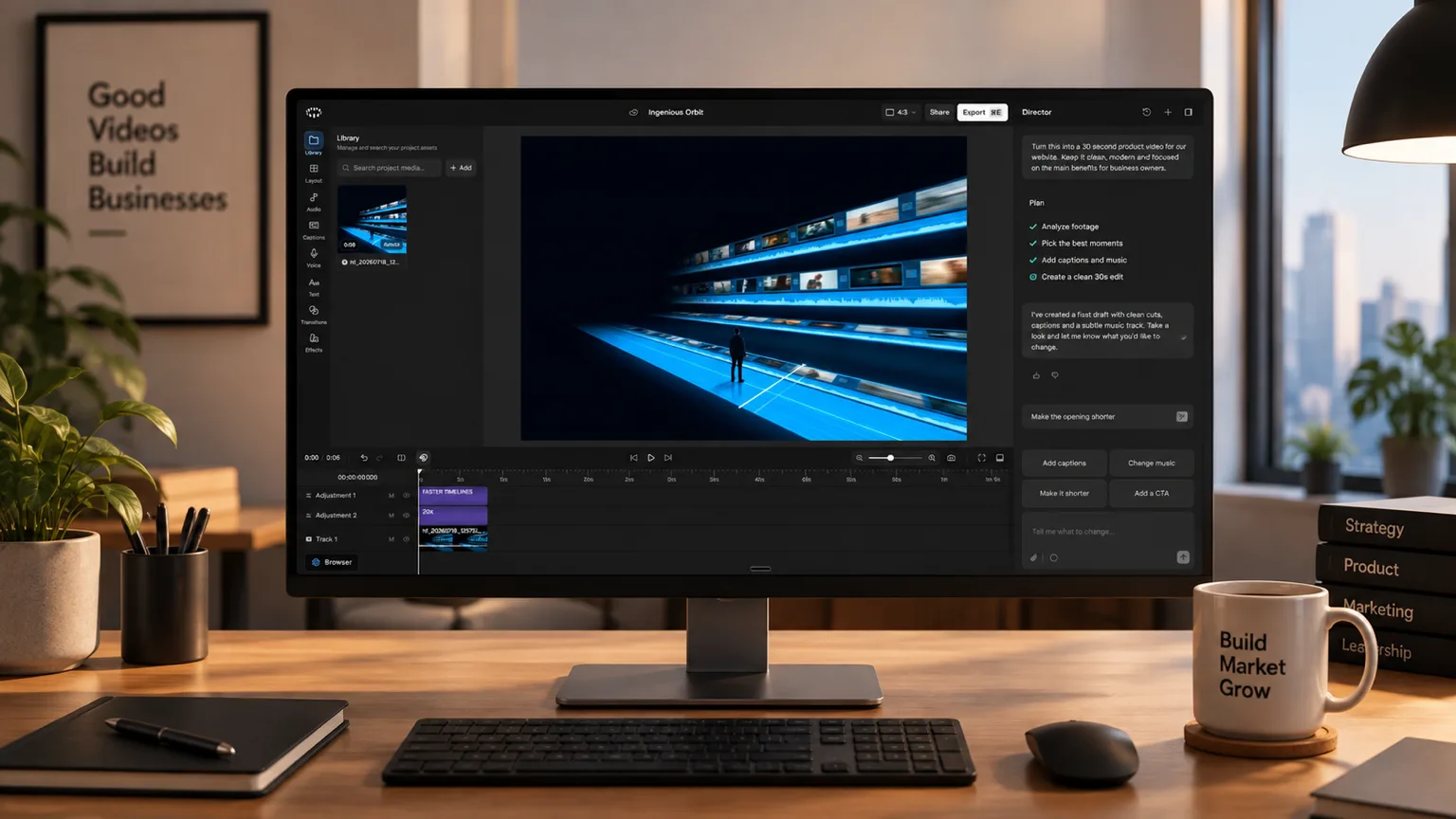 A desktop monitor running Cardboard, with a clip in the preview, a timeline below, and the Director panel open