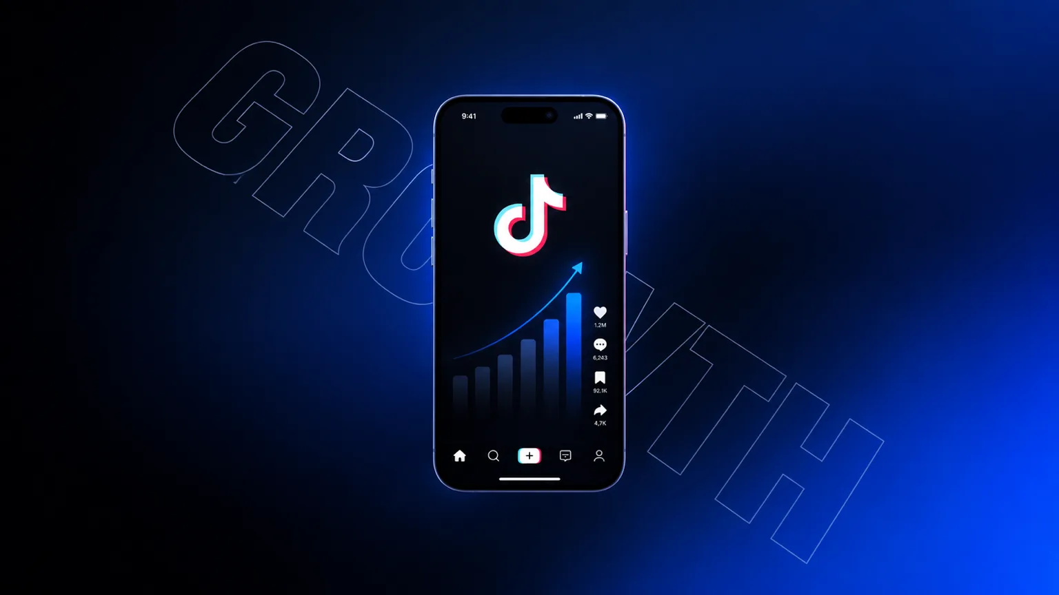 A phone running TikTok with a rising bar chart on screen, on a deep blue gradient