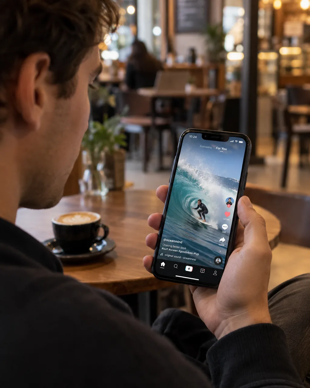 Someone scrolling the TikTok For You feed on a phone at a cafe table
