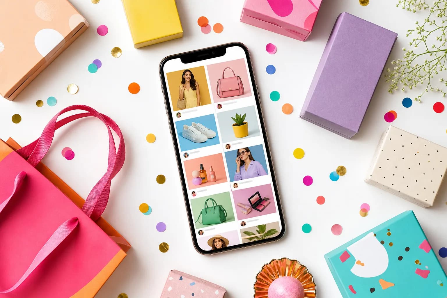 A phone showing a social commerce shopping feed, surrounded by product boxes, a shopping bag, and confetti