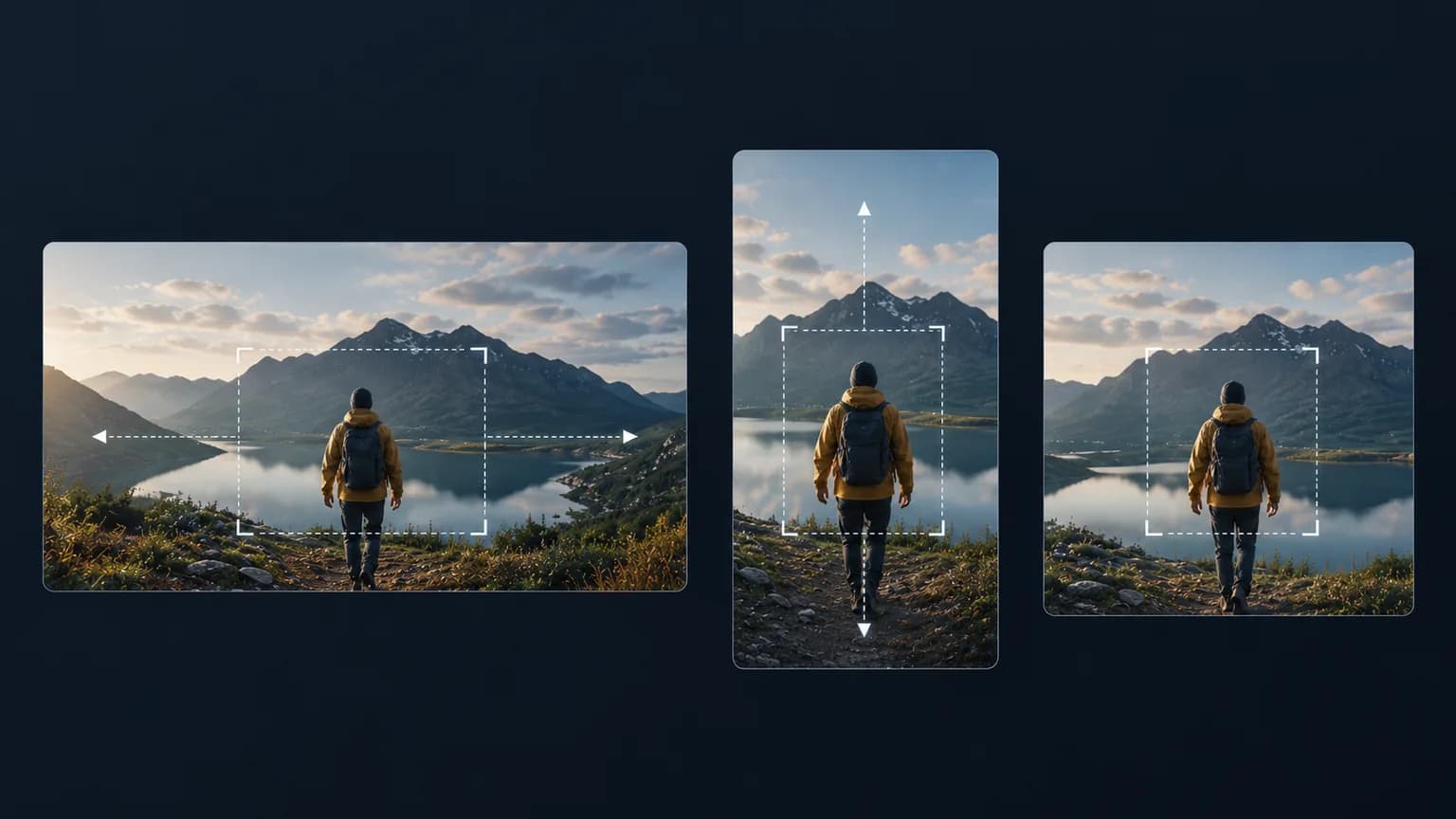One landscape shot reframed to vertical and square, the tracking box following the walker as the aspect ratio changes