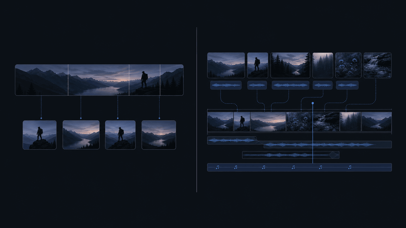 A split-screen illustration showing two contrasting video editing workflows: on the left, a simple automated process with a single long video being broken into short vertical clips, represented by clean geometric shapes and arrows; on the right, a sophisticated multi-track timeline editor with multiple layers, waveforms, and a browser interface, symbolizing an agentic AI-driven editing environment. Modern flat design style with a dark background and vibrant blue and purple accent colors, no text or labels anywhere in the image.