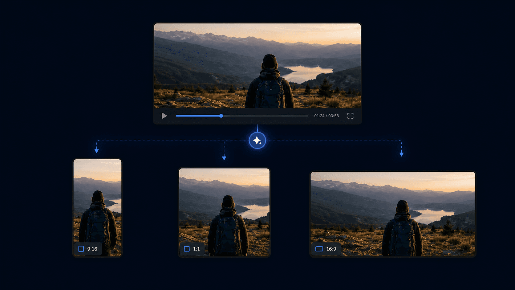 A sleek flat-lay composition showing three smartphones arranged side by side displaying the same video clip in different aspect ratios — vertical 9:16, square 1:1, and widescreen 16:9 — each glowing with a colorful social media video on screen. The devices float against a clean gradient background with subtle geometric grid lines suggesting digital transformation and multi-platform publishing. Modern, minimal, no text or letters anywhere.