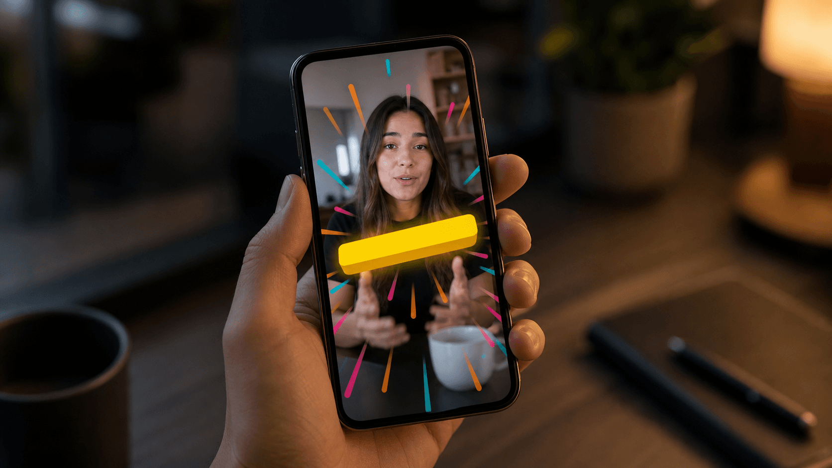 A close-up of a hand holding a smartphone in portrait orientation, screen glowing with a vibrant short-form social video. Colorful bold caption words appear dynamically across the screen, with one keyword displayed extra-large and isolated in the center of the frame, visually popping against a blurred background scene. Warm cinematic lighting, modern and clean aesthetic, no text or letters visible anywhere.
