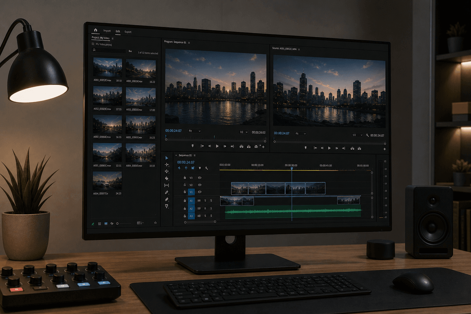 A sleek modern workspace showing an AI-powered video editing interface on a large widescreen monitor, with a timeline of video clips arranged on the screen, glowing blue AI accent elements suggesting automation, a clean minimalist desk with soft ambient lighting, multiple aspect ratio previews (vertical, square, widescreen) arranged side by side on the display, futuristic and professional aesthetic with dark UI theme