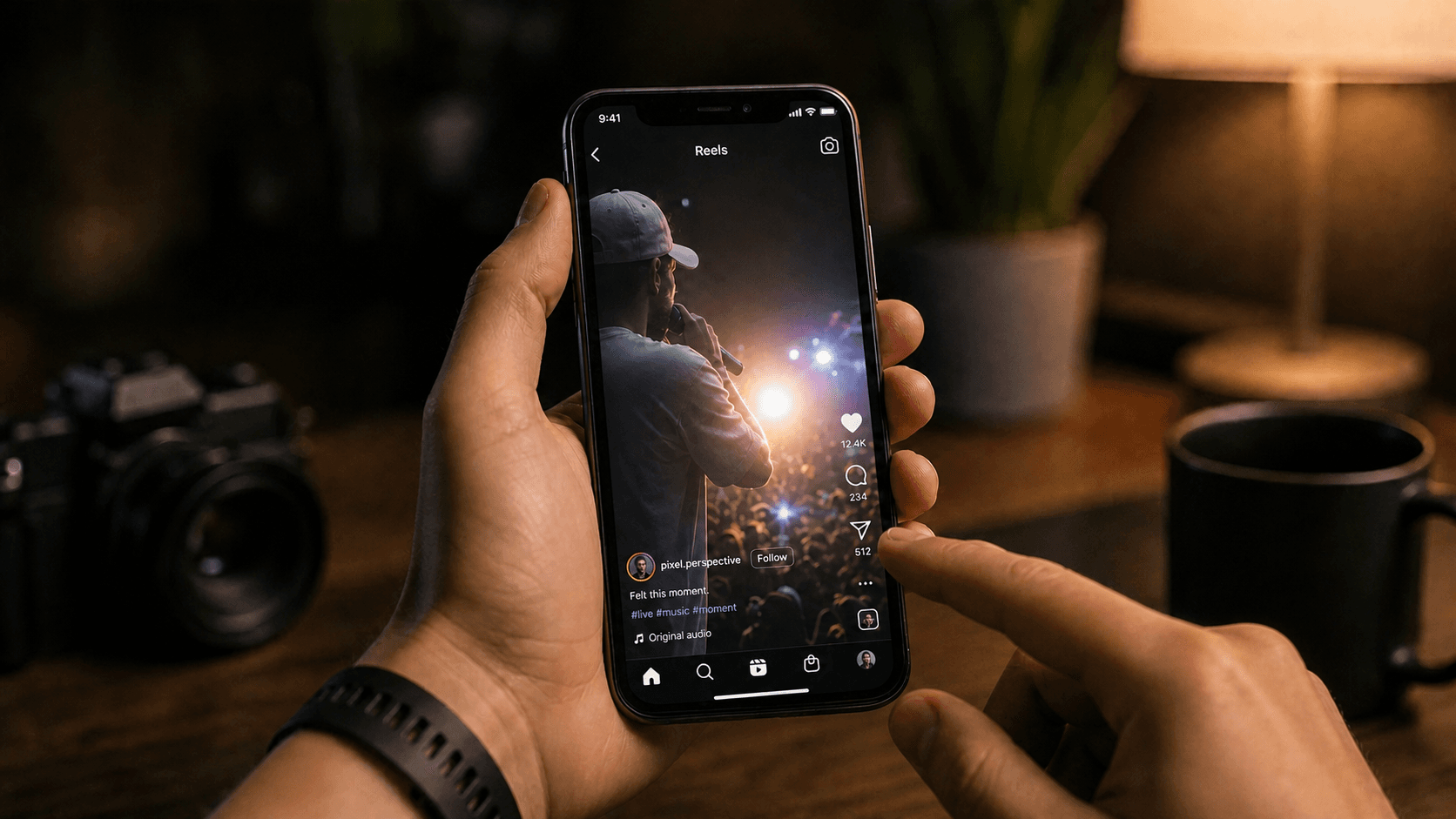 A close-up of a hand holding a smartphone in portrait orientation, finger hovering over the screen, with a blurred video playing on the display showing a bright colorful scene, warm dramatic lighting, cinematic shallow depth of field, no text or words anywhere