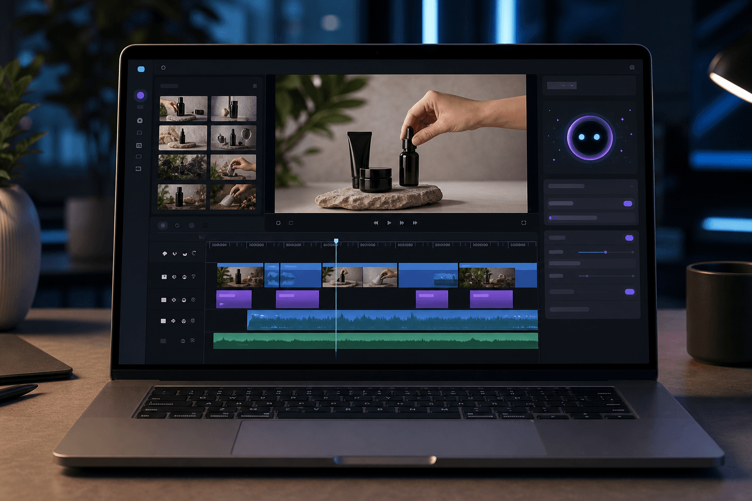 A modern browser-based video editing workspace on a sleek laptop screen, showing a clean timeline interface with multiple video clips arranged in rows, a preview window displaying a product demo scene, and a side panel with AI assistant controls. The workspace has a dark professional UI with subtle blue and purple accent colors. Soft studio lighting, photorealistic style, no text or labels anywhere.