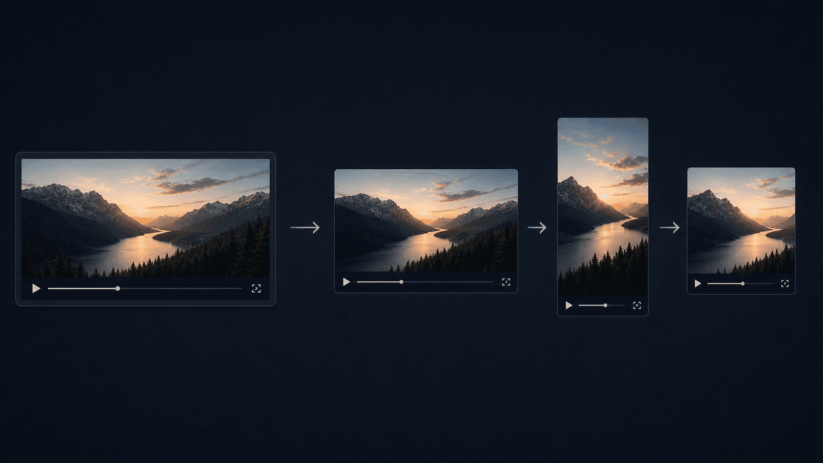 A sleek, modern illustration showing a single widescreen video frame on the left transforming into three different screen format versions on the right — a horizontal 16:9 landscape format, a vertical 9:16 portrait format, and a square 1:1 format — arranged side by side with subtle connecting arrows, all displayed on glowing dark screens against a deep navy background, clean and professional tech aesthetic