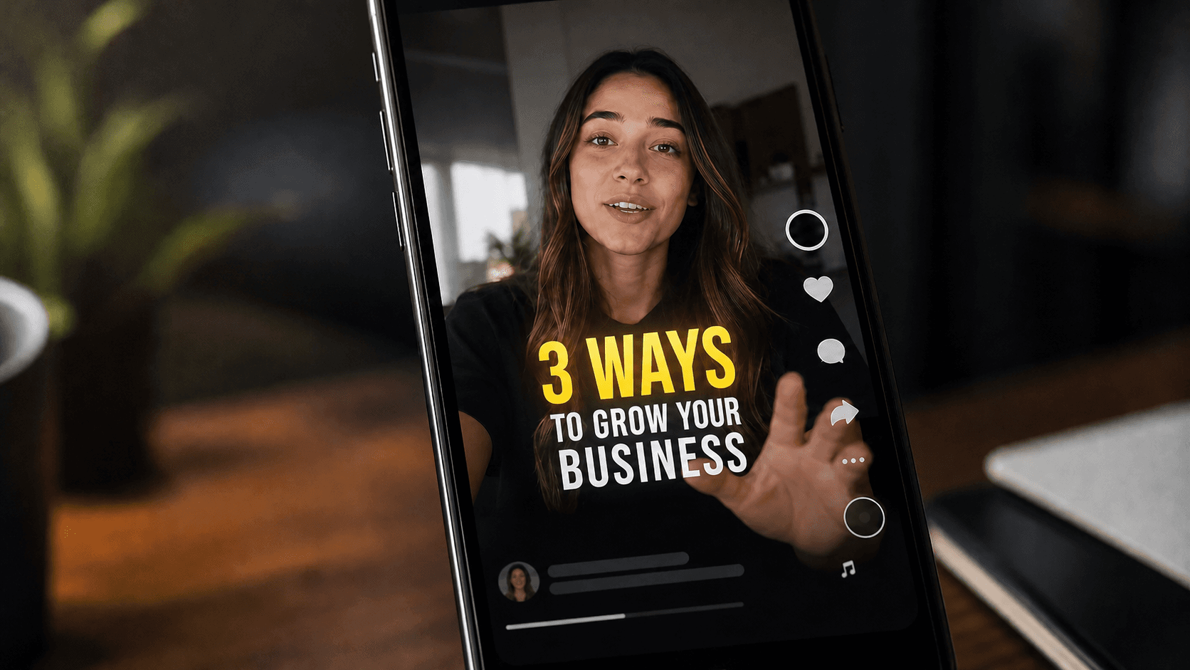 A close-up of a smartphone screen showing a social media short-form video with bold animated word-by-word caption overlays appearing in sequence, glowing highlight on the active word, vibrant colors, modern minimalist UI, soft studio lighting, no text or letters visible