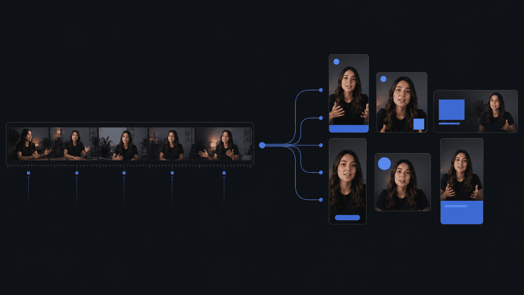 A flat-style illustration showing a long film reel or video timeline on the left transforming into multiple short vertical phone-sized video clips on the right, with glowing AI circuit lines connecting them, representing the process of repurposing long-form video into short social media clips, dark navy and purple gradient background with vibrant accent colors