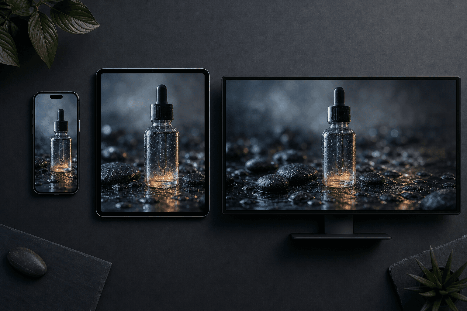 A sleek flat-lay arrangement of three floating device screens showing the same video content reformatted into different aspect ratios: a tall vertical smartphone screen, a square tablet display, and a wide horizontal monitor, all glowing with the same colorful product footage inside, arranged elegantly on a dark studio surface with soft gradient lighting in blue and purple tones, photorealistic, no text no labels no words