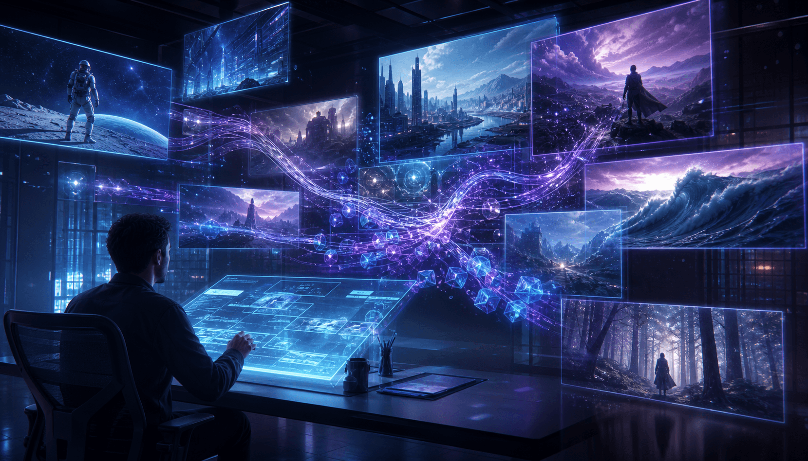 A futuristic digital workspace showing holographic video frames floating in mid-air, glowing blue and purple neon light streams connecting abstract cinematic scenes, a sleek dark studio environment with light particles flowing between floating video panels, representing AI-powered generative video creation technology