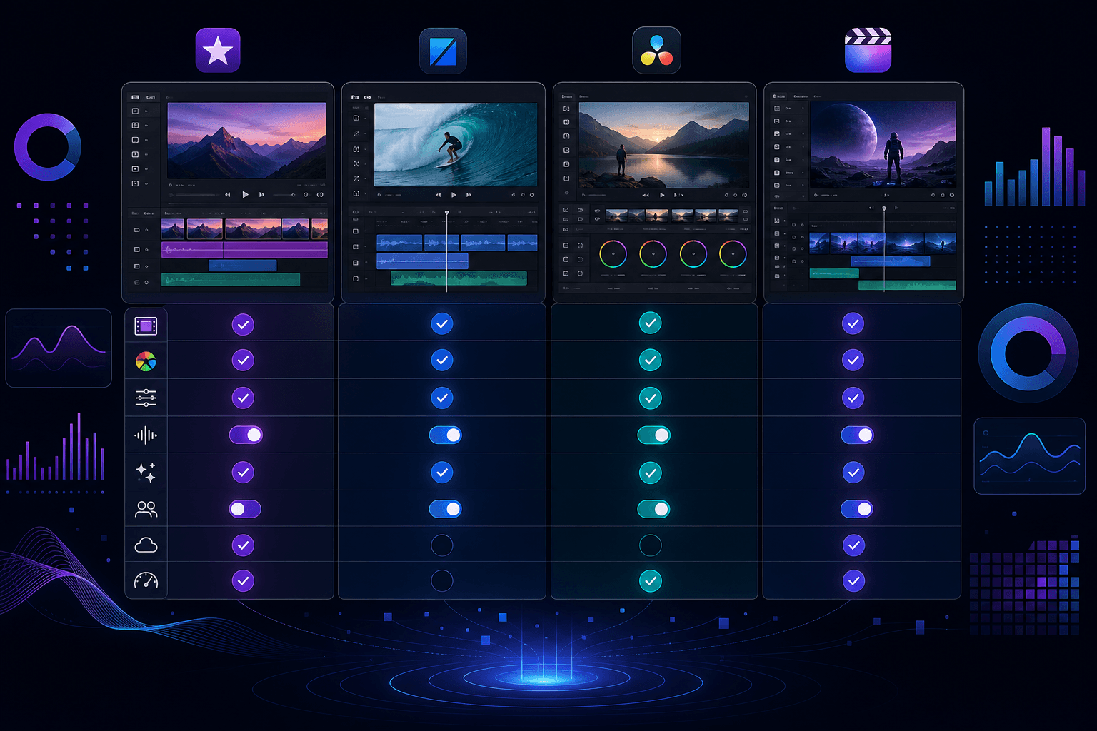 A sleek flat-design digital dashboard showing multiple video editing tool interfaces side by side on a dark background, glowing comparison panels with colorful feature indicator icons like checkmarks and toggle switches, abstract data visualization elements floating between panels, modern tech aesthetic with purple and blue gradient accents, clean minimalist layout representing a software feature comparison overview