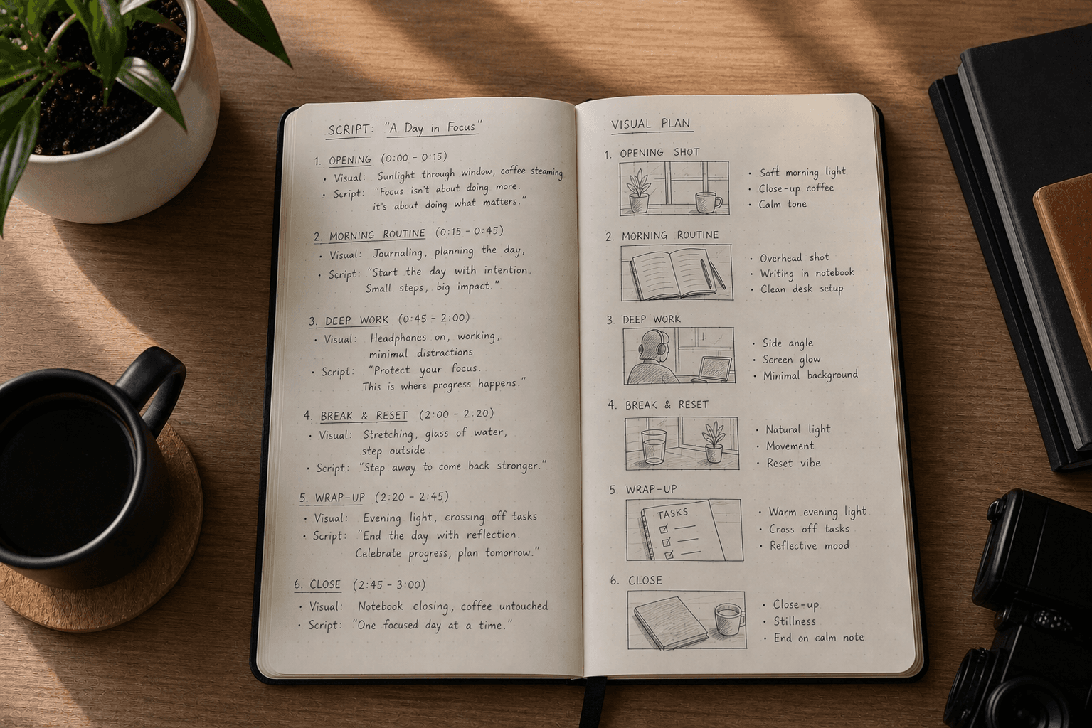 A flat lay overhead shot of an open notebook on a clean desk, split into two columns with handwritten-style lines on both sides, a pencil resting diagonally across the page, soft natural light casting gentle shadows, warm neutral tones, minimalist and cinematic feel, no text or words anywhere