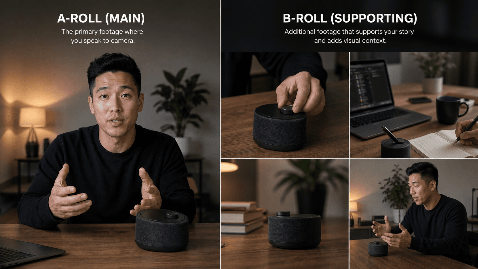 Create a polished cinematic editorial illustration explaining the relationship between A-roll and supporting b-roll for a short reference article aimed at founders and video editors. Landscape diptych with two clean adjacent panels: left, a founder speaking naturally to camera at a warm studio desk with a small plain unbranded portable speaker on the desk; right, a tight supporting shot of the same founder's hands turning the volume dial on that exact speaker in the same setting. Match the clothing, product design, light, and workspace across panels so the supporting shot clearly connects to the main narrative. Natural soft light, restrained warm neutral colors, professional video-production aesthetic, crisp focus on meaningful actions. Entirely visual composition with no text, typography, words, letters, numbers, logos, labels, or watermarks.