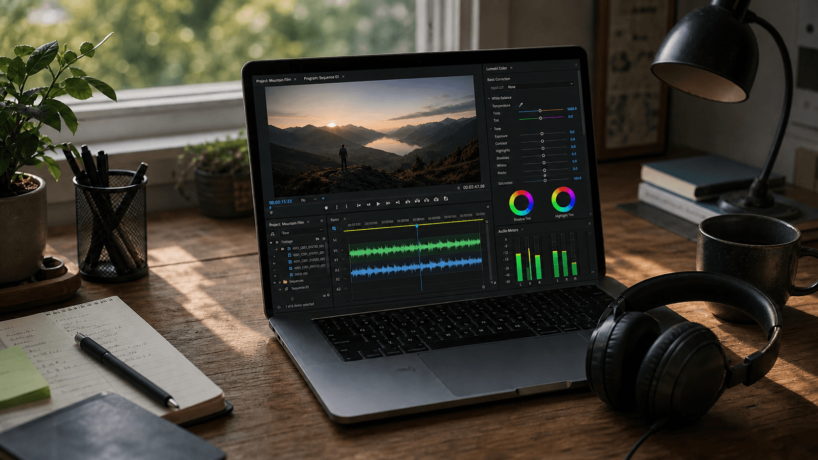 A flat-design illustration of a video editor's audio mixing panel showing waveform tracks on a dark timeline, with volume sliders and equalizer bars glowing in soft blue and green tones, headphones resting beside a laptop on a clean desk, representing professional audio post-production for video
