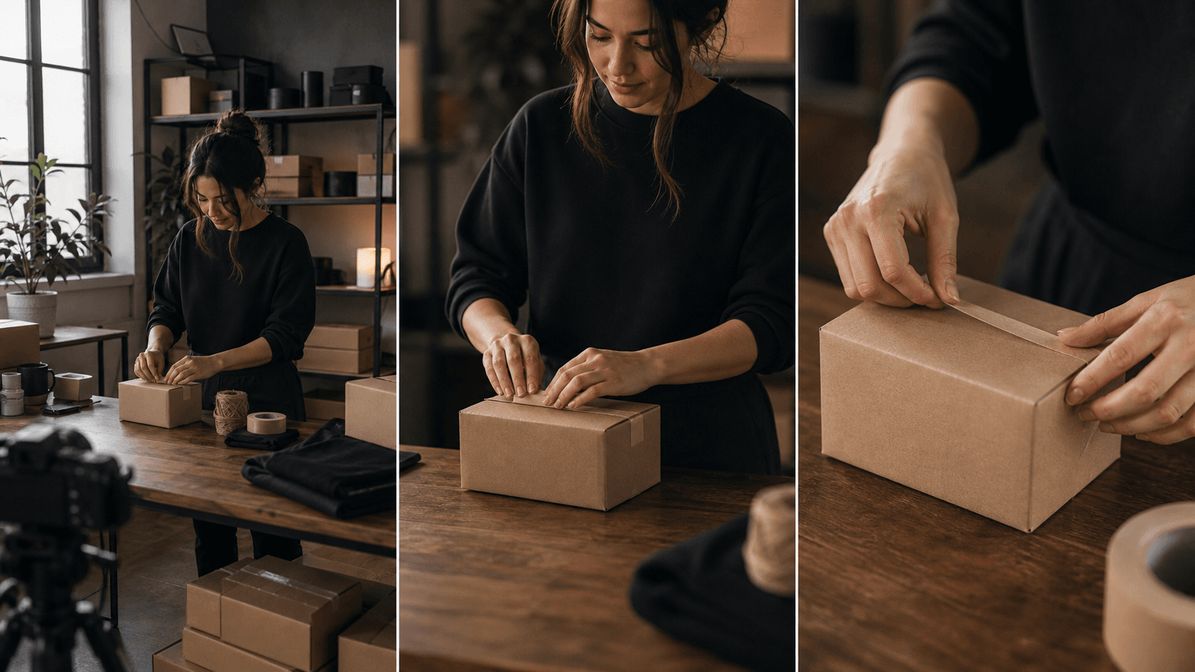 Create a polished cinematic editorial illustration for a concise reference article about b-roll, showing how wide, medium, and close views capture the same physical task. Three clean adjacent panels in a landscape composition depict one person packaging a plain unbranded product at the same warm studio workbench: left a wide view showing the person and workspace, center a medium view of their torso and hands folding the box, right a detailed close-up of the same hands sealing the box. Maintain consistent clothing, box, lighting, and workspace across all panels. Natural soft light, restrained warm neutrals, professional video-production aesthetic, clear readable visual composition. Purely visual artwork with no typography, labels, lettering, numbers, logos, or watermarks.